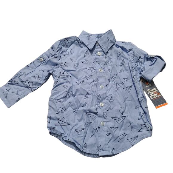 Alex and Jack Baby Boy Sz 12M Blue Button Up Shirt with Paper Plane Pattern - Picture 1 of 5